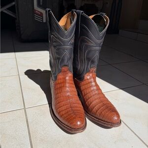 Tecovas Black Shaft with Brown Croc-Textured Toe Cowboy Boots